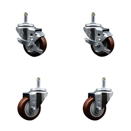 Service Caster 3'' Maroon Poly Wheel Swivel 7/16'' Grip Ring Stem Caster Set 2 Brakes, 4PK SCC-GR20S314-PPUB-MRN-TLB-716138-2S2